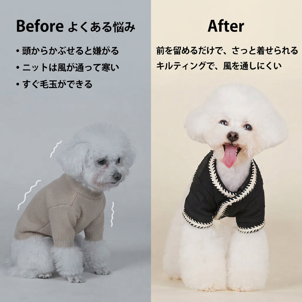 おさんぽキルティングコート｜小型犬・中型犬用、背中ボタンで着せやすい
